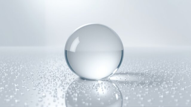 Clear water droplet rests upon reflective surface. Tiny droplets surround main sphere, creating subtle texture. Minimalist composition.