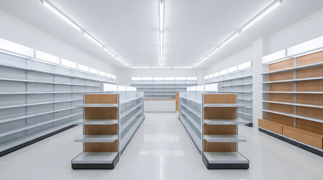 Clean minimalist modern retail interior with empty wooden and white display shelves and fluorescent lighting