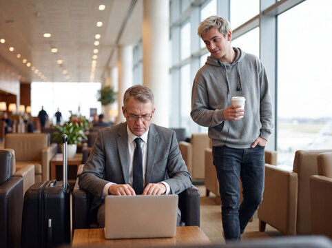 Young man glancing at the laptop screen of a middle-aged businessman in an airport lounge, shoulder surfing and data leakage risk during business travel