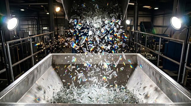 Broken glass shards falling into metal hopper in recycling factory