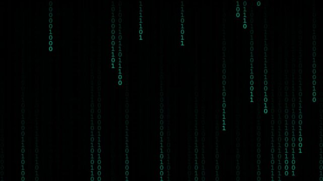 Glowing green binary code numbers falling vertically on dark digital background representing computer data streams and cyber information technology