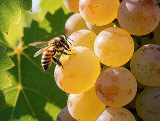 Naklejka premium Close up of honey bee feeding on ripe green grapes in vineyard. Insect collects nectar from juicy fruit on vine. Macro shot shows pollinator working in summer garden under sunny sky near grape leaves.