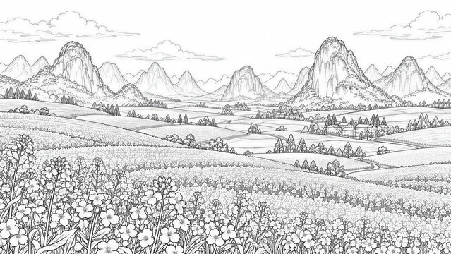 Luoping rapeseed fields landscape line art coloring page with karst mountains, rolling hills, and rural village