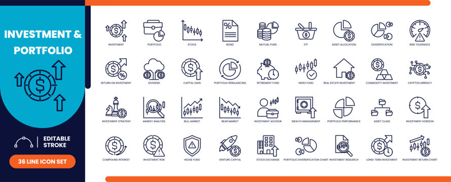 Investment and portfolio line icon set with charts and coins