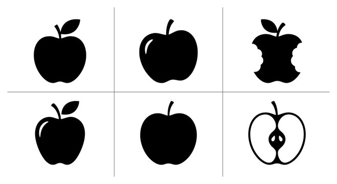 Apple silhouettes set with whole fruit, bitten apple and half apple for healthy eating and food logos