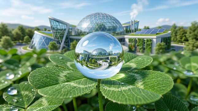 Glass sphere on clover leaf reflecting futuristic eco building