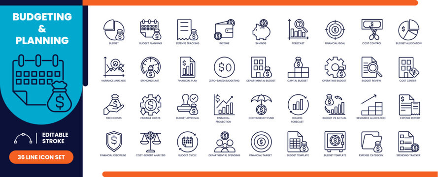 Budgeting and planning line icon set with calendar and finance symbols