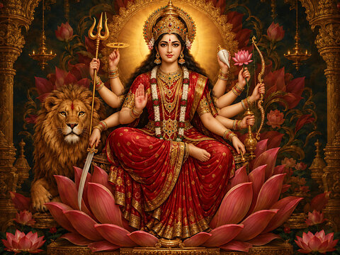 Multi-armed Hindu goddess Durga seated on a pink lotus beside a lion, holding sacred objects beneath a golden halo