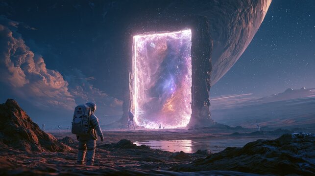 Astronaut stands before glowing portal on alien planet during twilight with nebula in background