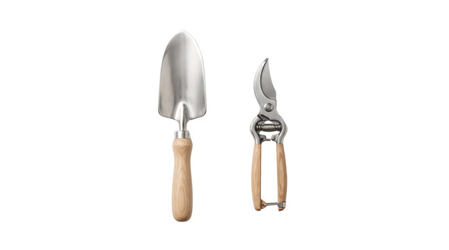 Gardening hand tools set with trowel and pruner, wooden handle garden equipment, metal hand trowel and secateurs isolated PNG with Transparent Background