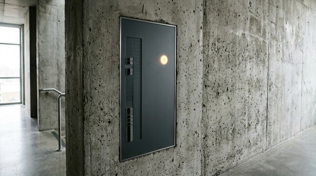 Modern control panel flush mounted on exposed concrete wall in hallway