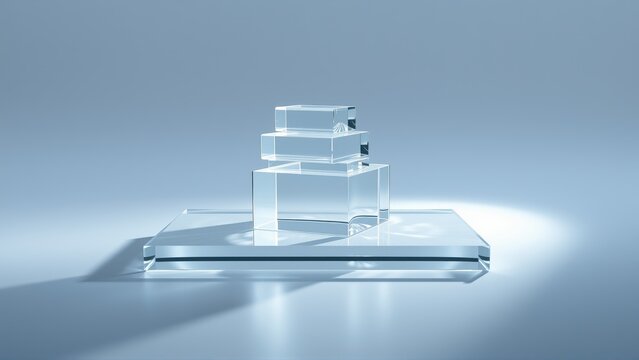 Glass blocks stacked forming pyramid. Minimalist studio shot, cool tones, soft lighting, elegant presentation. Simple geometry.