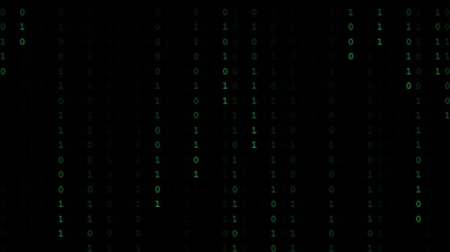 Green binary code digits falling vertically on a dark digital background