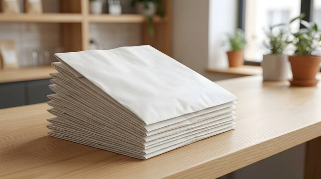 A large stack of white envelopes neatly piled on a wooden table in a bright modern kitchen with indoor plants