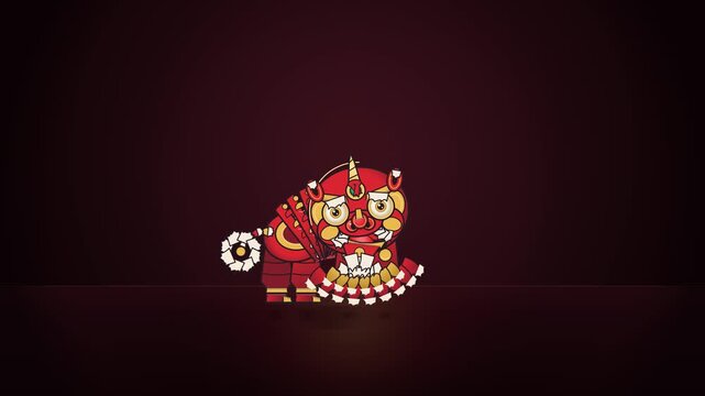 A 15-second premium stylized 2.5D animation of a traditional Chinese lion dance costume performing lively, rhythmic hops, expressive head movements, a dynamic side leap, playful performance