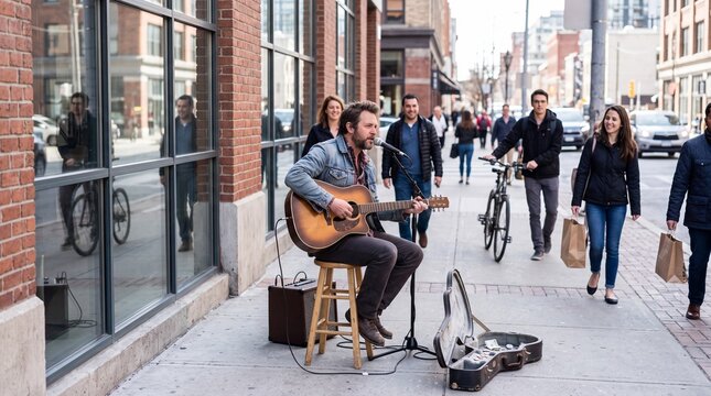 Talented male street musician playing acoustic guitar and singing into a microphone while sitting on a stool on a busy urban city sidewalk with pedestrians walking in the background in daytime