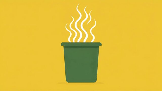 Steaming green trash can on yellow background