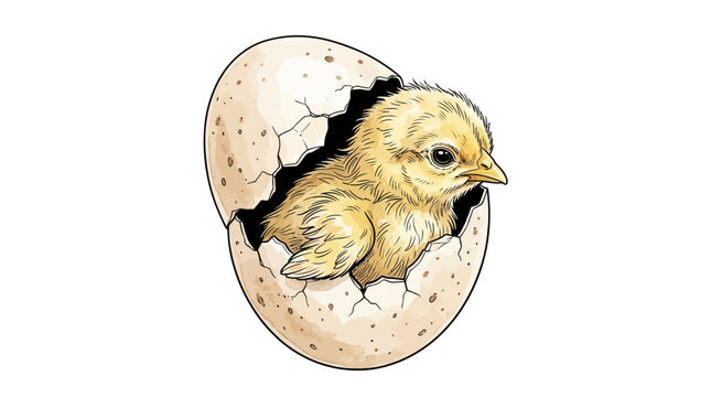 Vector illustration of a yellow chick hatching from a speckled egg shell representing new life, birth, and nature for spring or easter themes