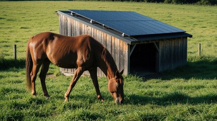 Naklejka premium Brown horse grazes green grass in summer pasture. Large solar panels on wooden barn roof provide renewable energy. Modern eco farm landscape with livestock near sustainable tech facility. Rural