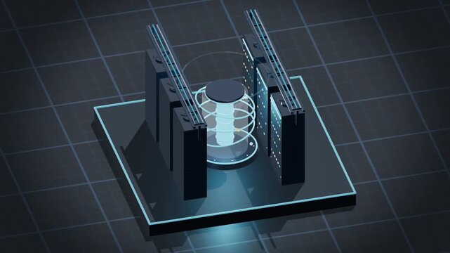 3D isometric animation of server room data center with glowing lights loop