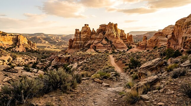 Desert canyon trail at golden hour with dramatic rock formations and scrub brush