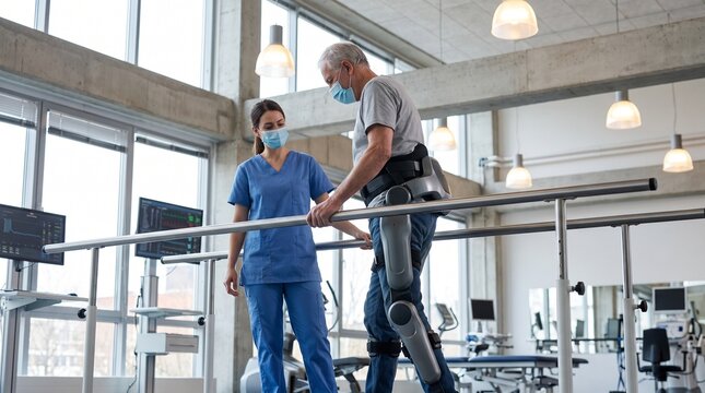 Senior patient wearing robotic exoskeleton suit during physical therapy rehabilitation session with physiotherapist