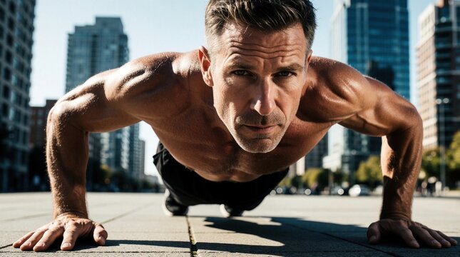 Muscular shirtless man performs push ups on city street. Strong male athlete works out outdoors with intense focus. Close up of fit adult showing chest, arm muscles. Urban fitness training for