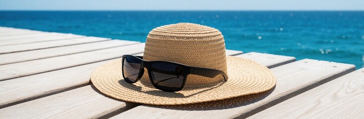 Naklejka premium Straw sun hat, black polarized sunglasses lie on wooden boardwalk. Summer vacation accessories on pier overlooking blue ocean. UV safety concept for skin protection on sunny beach. Tropical holiday