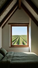 Naklejka premium Cozy attic bedroom with wooden beams, sloped ceiling. Minimalist rustic design features green linen bedding. Large window overlooks rich vineyard rows under blue sky. Natural light fills quiet rural