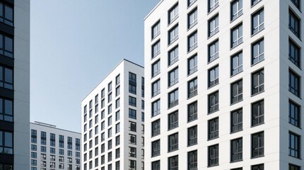 Fototapeta premium Modern white apartment buildings with many windows under blue sky. Contemporary residential complex shows geometric pattern, minimalist architecture. Tall housing blocks create urban cityscape in