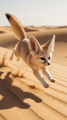 Fototapeta premium Small fennec fox jumps through desert sand dunes. Cute wild animal with large ears leaps in motion across golden dunes. Playful furry creature runs in hot arid landscape during sunset. Energetic