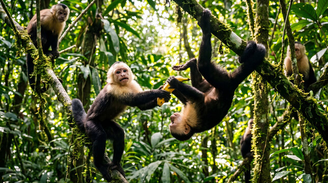 A group of lively Capuchin monkeys engaged in a playful interaction with bananas amidst the dense, sunlit canopy of a tropical jungle. One monkey hangs upside down, offering fruit, while another re...