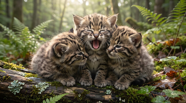 Three adorable wildcat kittens, likely bobcats, snuggle together on a moss-covered log in a sun-dappled forest. One kitten yawns widely with eyes closed, capturing a heartwarming moment of innocenc...