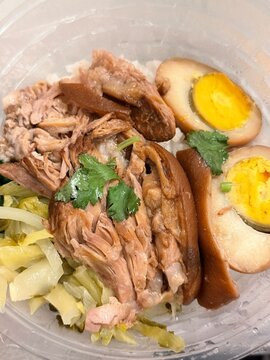 Stewed pork leg with vegetables and rice , khao kha mu , ข้าวขาหมู
