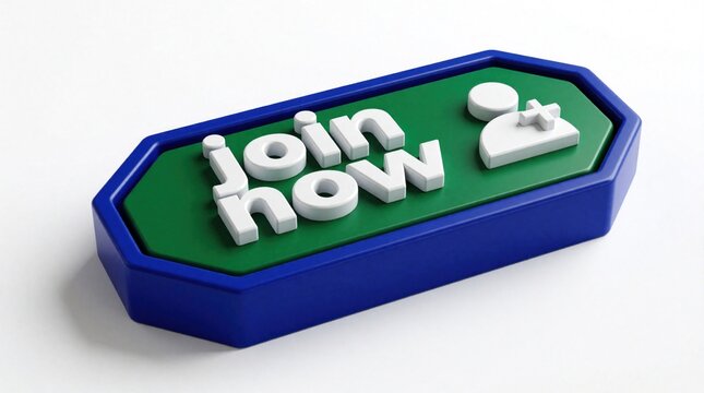3D join now button with user icon on white background. Green, blue plastic style element for website registration. Click sign to start membership, subscribe to community create new online account in
