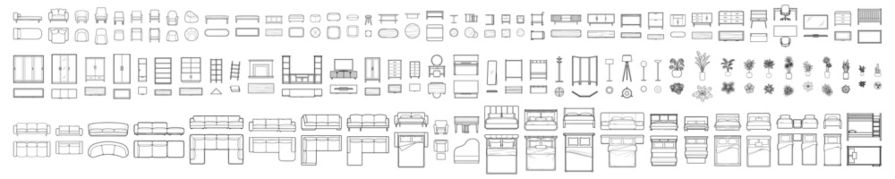 194 furniture top view architecture CAD drawings, architectural floor plan symbols, a vector set of interior design elements for bedroom layouts