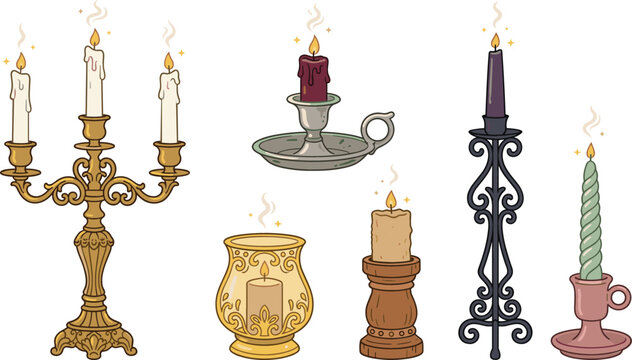 Antique candelabra and vintage burning candles vector illustration set with ornate holders candlesticks and glowing wax flames
