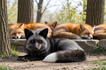 Fototapeta premium Silver fox rests in zoo enclosure red foxes sleep in background. Rare black fox with white tail tip lies on ground. Group of vulpes vulpes animals relax under trees in captivity. Different fox colors