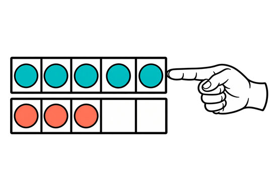 Hand comparing five and three counters in five frame cards