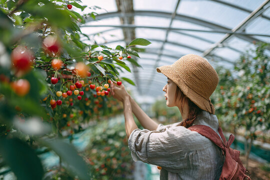 Young woman picking fresh cherries in a greenhouse orchard