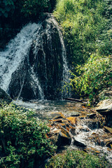 Lush green tea garden and misty waterfall in Darjeeling, West Bengal, India. Scenic Himalayan hill station landscape, perfect for tourism, travel and nature themes. West Bengal tourism spot. © Sanket Mishra