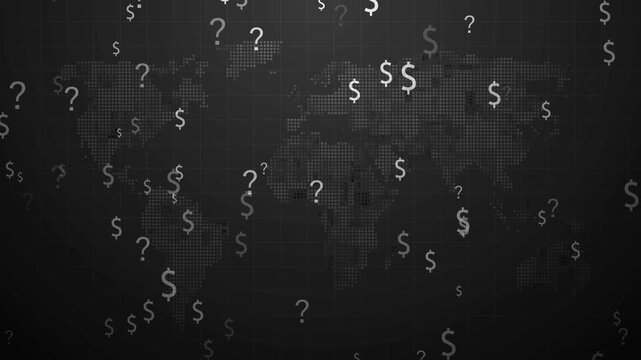 Dark world map background with floating dollar signs and question marks animation