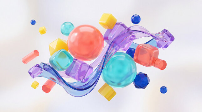 A colorful abstract composition of floating 3d shapes and vibrant objects in mid-air