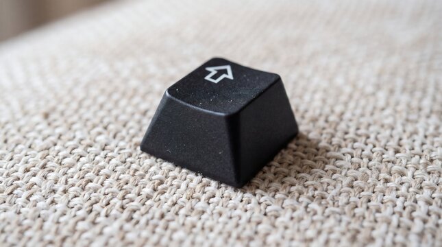 Single black keyboard key with upward arrow symbol on textured surface.