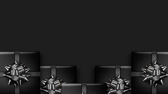 Black Friday Cyber Monday Sale Background with Elegant Dark Gift Boxes and Copy Space.