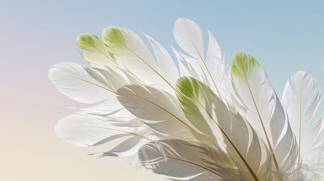 White feathers with green tips arranged in artistic bouquet. Soft plume texture against pastel blue, peach background. Delicate bird wings element for light airy design. Macro view of natural plumage