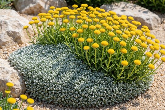 Dense mat of Cotula hispida plant grows in sunny rock garden. Silvery gray foliage forms velvety carpet among bright yellow flowers. Low spreading succulent texture covers sandy soil between stones.