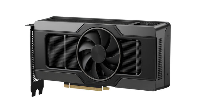 3D rendering of a black graphics card with cooling fan and heat sink, computer hardware and AI computing concept, isolated on white, for technology, gaming and data center designs