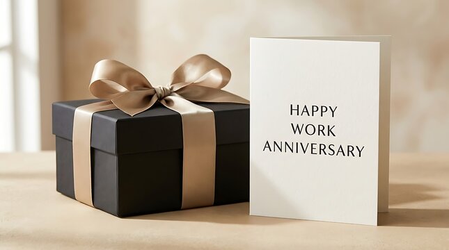Black gift box with gold ribbon and happy work anniversary card 