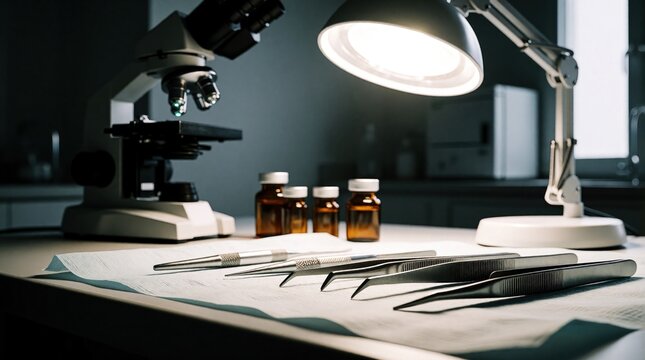 Medical tweezers, surgical tools lie on white sterile cloth in clinic. Microscope, glass medicine bottles with brown liquid, desk lamp stand in background. Pro vet equipment for animal surgery